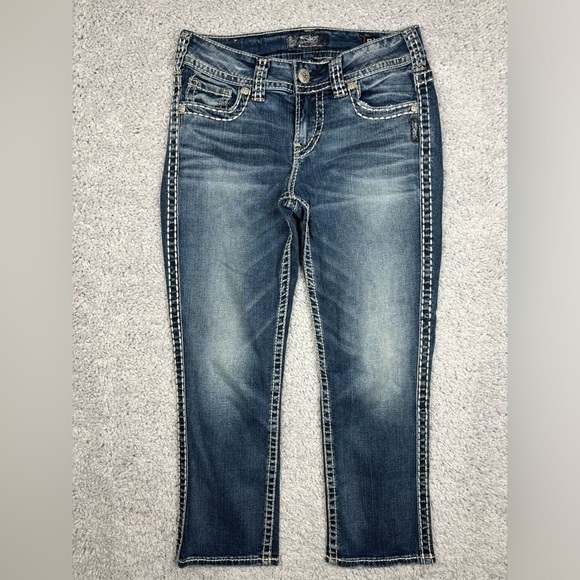 Silver Jeans Womens 29 Suki Mid Rise Capri Fluid Denim Big Stitch Party Concert - Picture 1 of 6